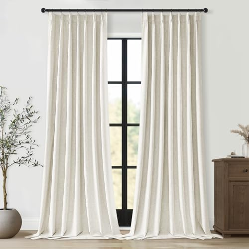 Topfinel Extra Long Total Blackout Linen Curtains 108 Inches Long for Living Room Large Window with Hooks Rings, Pinch Pleated Cold Blocking Acoustic Heavy Ivory Track Curtains 2 Panels 9 FT