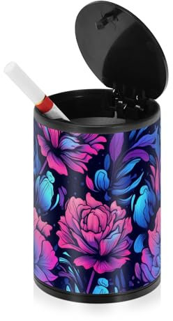 Schicker lila helle Blumen Auto Aschenbecher für Zigaretten mit Deckel Edelstahl Tragbares Autozubehör rauchfreier Aschenbecher für Strand Zuhause Terrasse