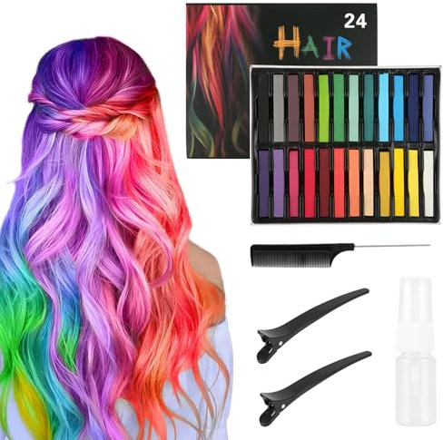 Haarkreide Set, 24 Farben Haarkreide für Mädchen, Temporäre Haarfarbe Auswaschbar, Hair Chalk, mit 1 Kamm, 1 10ml Sprühflasche und 2 Haarspangen, Haarkreide Geschenke für Kinder Erwachsene