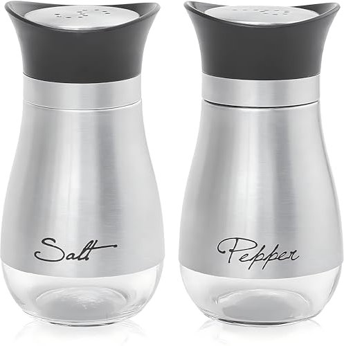 Salz- und Pfefferstreuer-Set aus Edelstahl mit Glasflasche, Gewürzspender, Küchenzubehör für Tisch, Wohnmobil, Camping, Grillen und Küche, 2 Stück