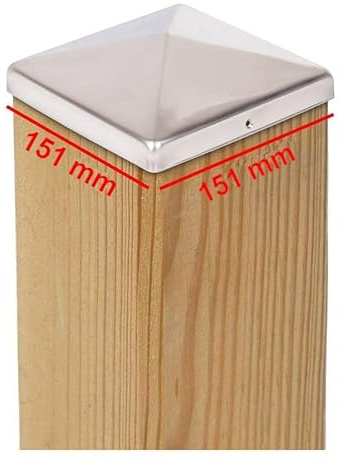 7 x Pfostenkappe 151x151 mm Pyramide aus Edelstahl rostfrei – Abdeckkappe für Holzpfosten 150x150 mm – Zaunkappe Zaunabdeckung Pfostenschutz