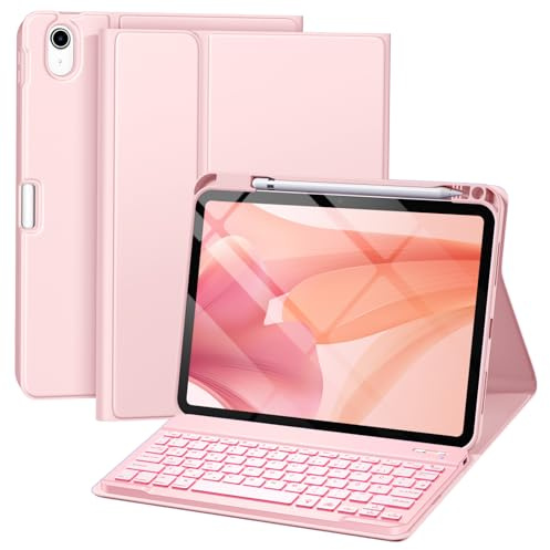drivego Hülle mit Tastatur für iPad A16 11. 2025/10. 2022 (11/10.9 Zoll) | 7-farbige Beleuchtung Magnetische Abnehmbare Tastatur für iPad 11/10 Generation Hülle mit Stifthalter, Hellrosa