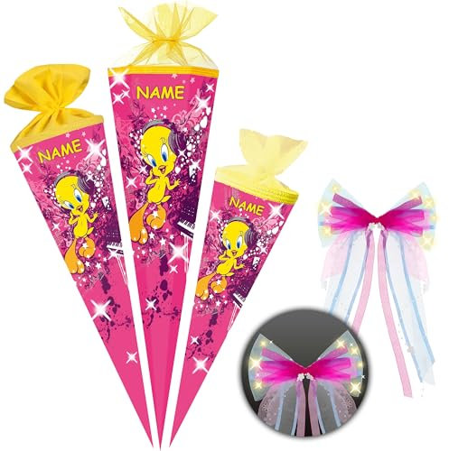 alles-meine.de GmbH Schultüte - Vogel Tweety - 35-85 cm - Größe wählbar - Spitze wählbar - inkl. Name + LED LICHT - Schleife - Zuckertüte - Tüll - oder Filzabschluß - eckig/r..