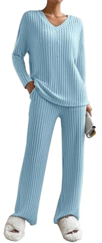 Joligiao Conjunto de Pijama para Mujer con Camiseta Manga Larga Cuello en V y Pantalón Largo Conjunto Dos Piezas de Tejido Transpirable Casual Homewear Pijama Solid Primavera y Otoño Azul M