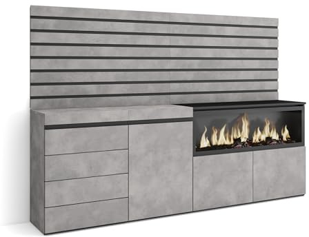 Skraut Home | Sideboard, Kommode | Aufbewahrungsschrank | 214x145x35 cm | Für Schlafzimmer, Zimmer | Elektrokamin XXL | Kommode mit Schubladen | Moderner Stil | Zement