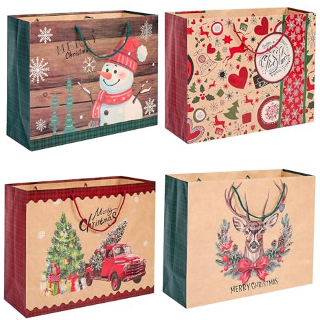 8 Stück Geschenktüten Weihnachten Groß, 50.8 * 38 * 18cm Weihnachtstüten mit Griffen，Geschenkverpackung Tüten aus Braun Kraftpapier, Rot Weihnachtstaschen zum Verpacken von Geschenken