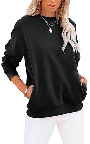 Cuptacc Damtröja utan huva T-shirt dam rund hals långärmad t-shirt med fickor t-tröja, svart, M