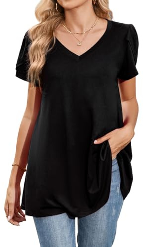 Enmain tunika toppar för kvinnor kortärmad sommar t-shirt tunika blusar för kvinnor plus size v-ringad lös passform damer klädd avslappnad gunga, Svart, 3XL