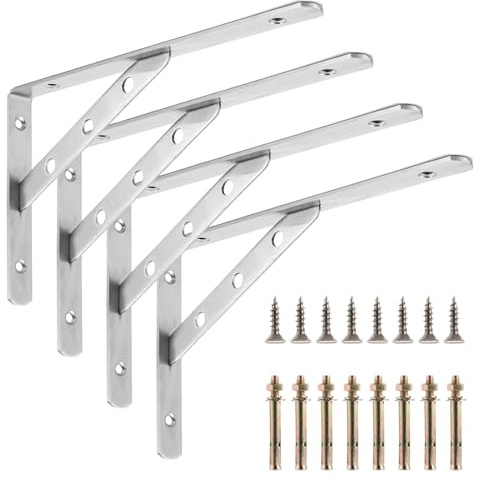 YAYODS 4er Set Schwerlastwinkel 250 x 150 mm - Edelstahl gebürstet - 3mm Materialstärke Regalhalter mit Diagonale, inkl. Montagematerial für Wandregale, Garage & Keller