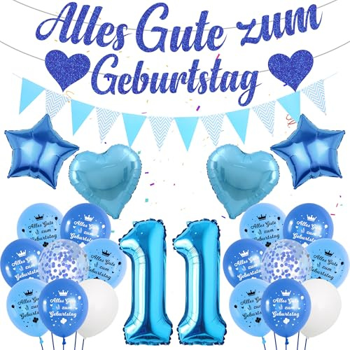 Deko 11 Geburtstag Junge Blau Luftballon - Alles Gute Zum Geburtstag Girlande Banner Wimpel, Riesen Zahl und Sterne Herzform Folienballon Konfetti Ballon für Kinder Geburtstagsdeko Jungen Mädchen