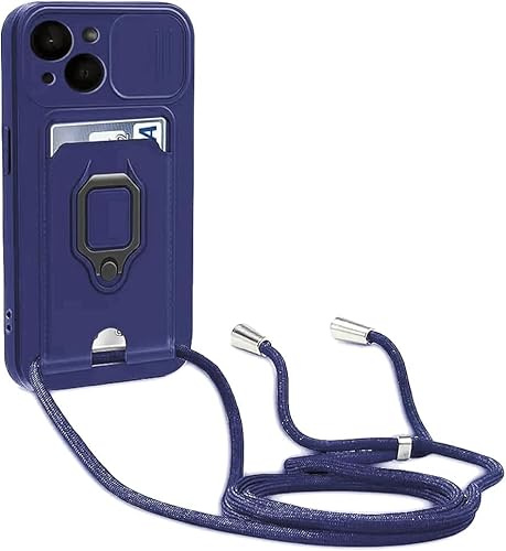 Esakycn Crossbody Case for iPhone 16 6.1 with Camera Cover, Phone Case Silicone with Roating Ring Stand, Card Holder with Adjustable Strap Lanyard Shockproof Protective Cover. Blue