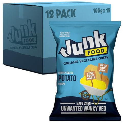 Junk Food Organic Lightly Salted Potato Crisps, Healthier Gluten Free & Vegan Friendly Snacks Made from Wonky Veg, 100 g (Pack of 12)