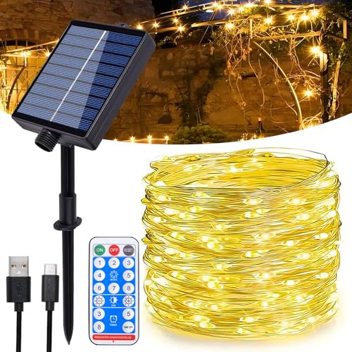 Hopelit Catena di luci solari per esterni, 30 m, 300 LED, per esterni, filo di rame, IP65, impermeabile, con telecomando, 8 modalità, per decorazioni natalizie, balcone, giardino, bianco caldo