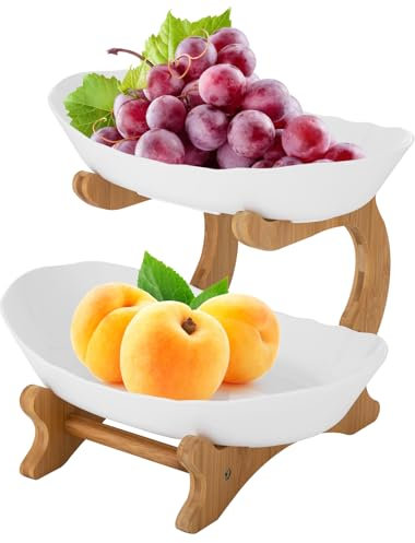 Qussse Frutero de 2 pisos, con 2 niveles, moderno soporte para frutas, soporte de bambú natural, para verduras, frutas, aperitivos