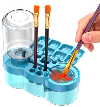 4-in-1 Water Cycle Paint Brush Cleaner Tool | 2025 Upgraded Leak-Proof Rinsing Cup with Palette & Holder | One-Touch Water Replacement Design | Art Supplies for Kids/Adults Beginners to Pros Blue
