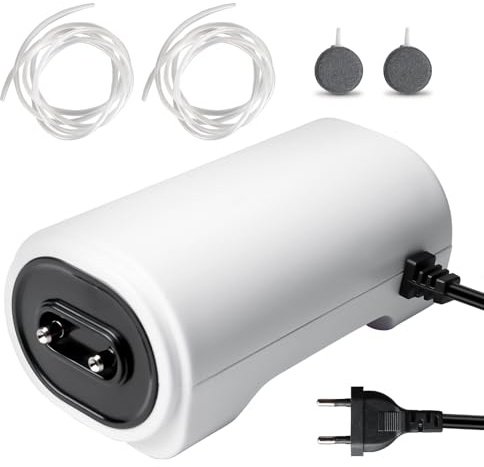 Pompa ad aria per acquario, 8 Watt, pompa di ossigeno regolabile, pompa di ossigeno per acquario, potente pompa di aerazione, con accessori con 2 prese d'aria