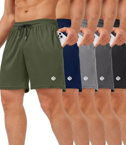lomsoe Lot de 5 shorts de sport pour homme - 13,7 cm - En maille - Séchage rapide - Léger - Pour l'été, la course, la gym, le sport - Avec poches, Noir + gris foncé + gris clair + bleu marine + vert