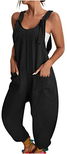 HOOUDO Linen Dungarees for Women UK Summer Casual Sleeveless Rompers Loose Adjustable Strappy Short Overalls Jumpsuits with Pockets