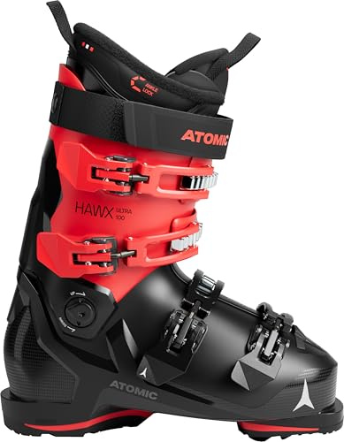 ATOMIC HAWX Ultra 100 Skischuhe in Schwarz/Rot - Größe 25/25.5 - Schmale Ski-Boots mit 98 mm Passform - Memory-Fit Skistiefel aus robustem PU - Hochwertige Ski-Schuhe mit 3D Knöchel & Ferse
