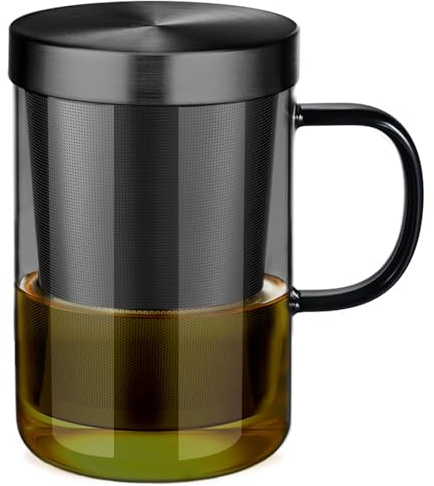 ecooe Schwarz Glas Teetasse mit Sieb und Deckel, Teeglas mit Henkel, Borosilikat Teetasse mit Tee-Filter