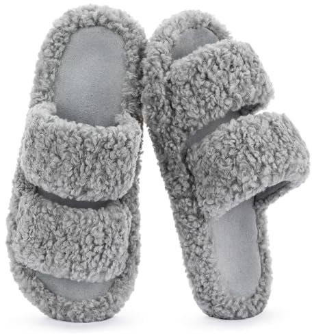RockDove Dam Pluffie chic öppen tå fuskpäls tofflor med minnesskum mysiga husskor för inomhus utomhus, Ljusgrå, 35.5/37 EU