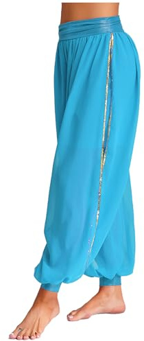 HULIJA Pantalones harén para danza del vientre, con lentejuelas, aberturas laterales, Bloomers, Halloween, princesa árabe, pantalones de fantasía, azul claro, Talla única