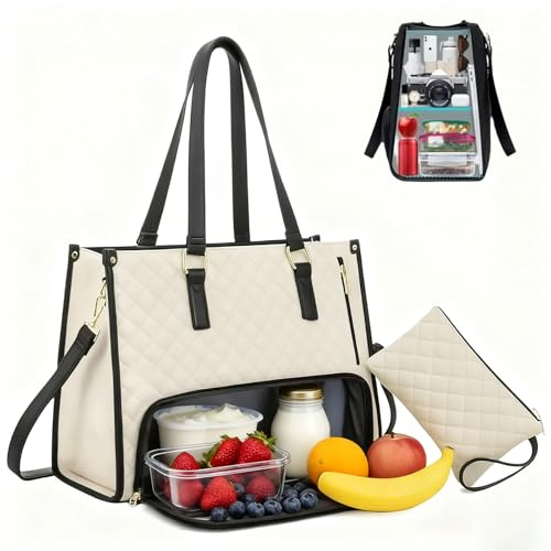 Chingcoo Lunchtasche Damen 2-in-1, 15,6 Zoll Laptoptasche & Isolierte Lunch Bag für Frauen, Elegante Multifunktionale Tragetasche für Arbeit, Uni, Büro & Reisen (Beige)