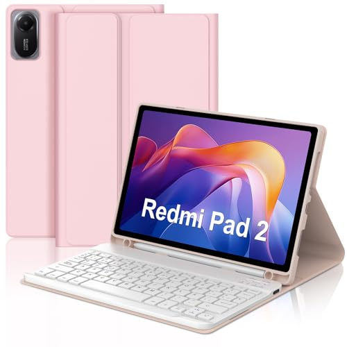 JADEMALL Funda con Teclado para Redmi Pad 2 11 Pulgadas, Español Ñ Teclado Bluetooth Inalámbrico Desmontable con Funda Delgada y Portalápices para Tableta Xiaomi Redmi Pad 2 11 2025, Rosa