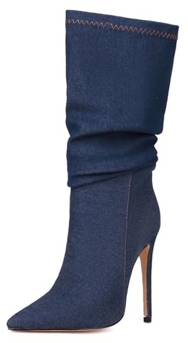 Gicoiz Mi-Mollet Aiguille Bottes Slouch Femme Pointu Elegant A Enfiler Hiver Talons Hauts Mode Denim Bottines Robey Dark-Bleu Taille 35 EU