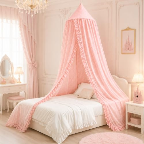 ZIQINPSQ Baldacchino per letto per bambine e bambine, con pompon, tende a baldacchino in pizzo in chiffon, con volant, decorazione per la stanza delle ragazze (rosa)