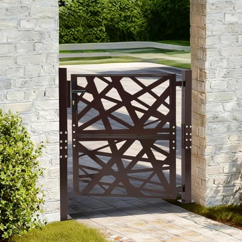 ROMYIX Gartentor Metall, 105x100cm Eisentor mit Seitenteilen & Schloss, Sicherheitstor für Garten, Einfahrt & Hof, Zauntor aus Stahl, 180° Öffnung, Rostschutz (Braun)