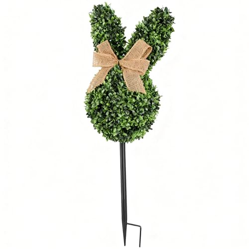 Künstlicher Buchsbaum Hase 60cm, Wetterfeste Kunstpflanze mit 16cm Erdspieß für Ostern Deko Außen, Buchsbaumkugel für Garten & Hauseingang Aluminiumstab