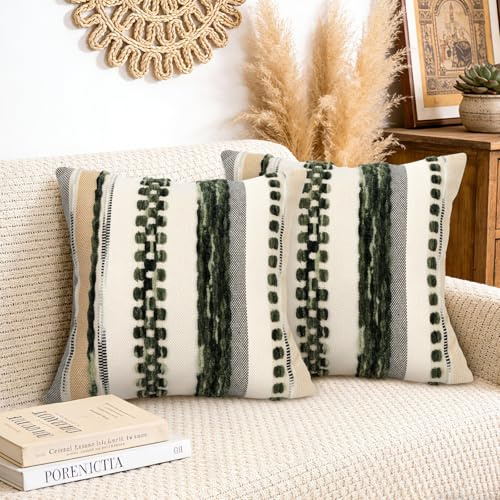 Joymaison Kissenbezüge 45x45 2er Set Gestreift Olivgrün Boho Chenille