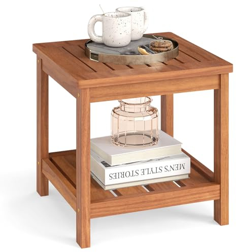 COSTWAY Table d’Appoint Extérieure en Bois à 2 Niveaux, Table Basse de Jardin Étagère de Rangement, Petite Table de Bistrot pour Patio Maison Piscine, Charge Total 40KG