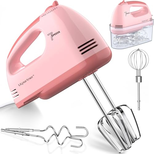 LILPARTNER Hand Mixer Electric, Ultra Power Kitchen Hand Mixer With 7-Speed & 5 Stainless Steel Accessories, Storage Box for Whipping Dough, Cream, Cake, Dishwasher Safe, Pink