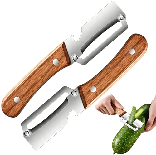 Set di 2 Pelapatate Multifunzione in Acciaio Inox – Pelapatate per Verdure con manici in legno massello e apribottiglie integrato