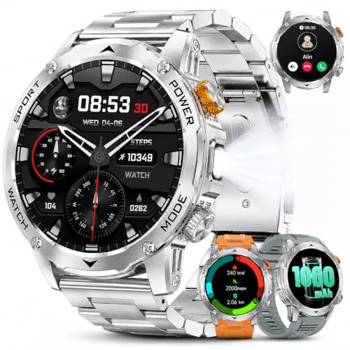 LIMIGE Smartwatch Uomo con 1000mAh/Torcia,1.75 Orologio Intelligente Fitness con Chiamate,5ATM Impermeabile Militari Smart Watch Tracker per Cardiofrequenzimetro SpO2,3 Cinturini, Argento