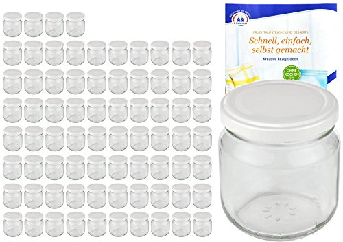 MamboCat 75er Set Rundgläser 212 ml nieder Deckelfarbe weiß to 66 inkl. Diamant Gelierzauber Rezeptheft, Marmeladengläser, Einmachgläser, Einweckgläser, Gläser