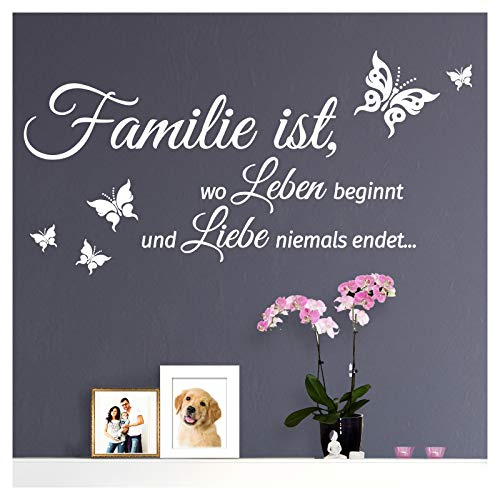 Grandora Wandtattoo Spruch Familie ist, wo Leben beginnt und Liebe Niemals endet... I Weiß (BxH) 80 x 40 cm I Wohnen Schmetterling Wandsticker W5547