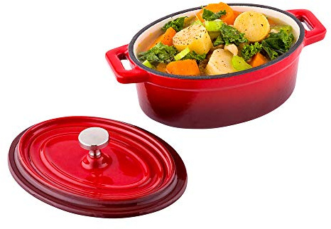 Restaurantware 9 Ounce Mini Casserole Dish 1 Mini Dutch Oven With Lid - Enameled Oval Red Cast Iron Mini Cocotte Heavy-Duty For Baking Braising or Roasting