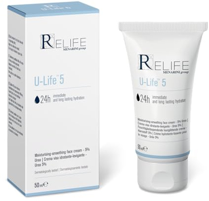 Relife U-Life 5 - Crema viso idratante e levigante con Urea al 5%, Acido Glicolico esfoliante, Cera d'Api per la barriera lipidica. Crema da 50 ml