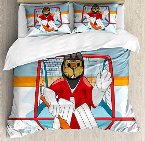 Ambesonne Hockey Duvet Cover Set, Cartoon Style Beaver Plays as a Goalkeeper Fun Activity Theme Animal Mascot Design, Decorative 3 Piece Bedding Set with 2 Pillow Shams, California King, Multicolor