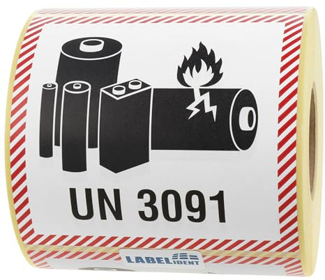 Labelident Lithium-Metall-Batterien Transportaufkleber UN 3091, 100 x 100 mm, 500 Etiketten aus Papier auf Rolle, Gefahrgutaufkleber für Versand