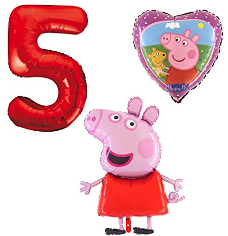 Ballonset Peppa Wutz Pig 3 er Set Peppa Folienballon, Zahl 5 in rot, Peppa mit Teddy Herz
