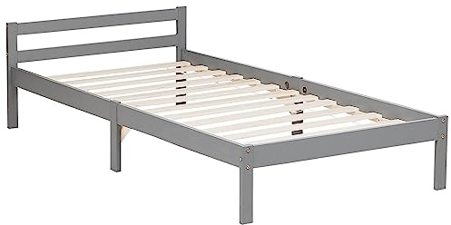 Homestyle4u Massivholzbett 90x200 Kiefer Grau mit Lattenrost - Holzbett