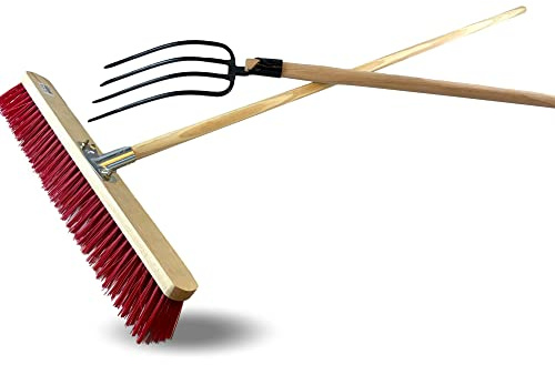 Kibros Lot 3 ensembles balai cantonnier PVC 60 cm fourche 4 dents | Fumier foin végétaux, nettoyage écurie, balayage terrasse, 2 outils avec manches bois inclus.