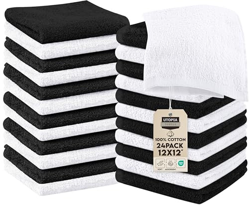 Utopia Towels Baumwoll-Waschlappen-Set – 100% ringgesponnene Baumwolle, hochwertige Flanell-Waschlappen für das Gesicht, sehr saugfähige und weiche Handtücher, 24 Stück, Schwarz/Weiß