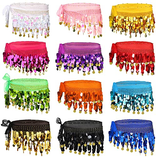 Yahenda 12 Pcs Belly Dance Hip Scarf Belly Dance Skirt with 108 Gold Waist Chain Coin Sash Chiffon Dangling Bling Wrap Belt (Bright Colors)