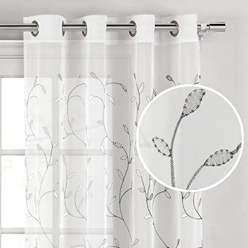 Creative Home Ideas Wavy Leaves, Embroidered Sheer Curtains, Includes 1 Leaf Curtain Panel - Window Drapes with Metal Grommets, 54 x 84, Sheer Vine White Curtain with Silver Grey Leaves