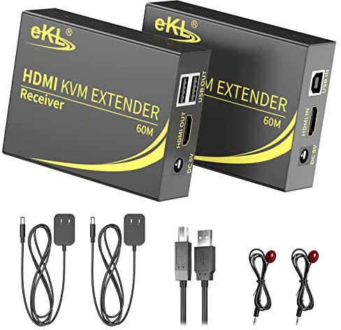 huasion KVM Extender HDMI USB 60m/196ft Over Cat5e/6 Ethernet Cable Support 1080P @60Hz 2 Port USB 2.0 for Computer Plug & Play Without Driver
